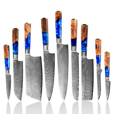 China Hot Stocked High Quality VG10 Damascus Kitchen Amazon 67 Layers Santoku Knife Chef Knife Set Resin Steel Blue Handle for sale