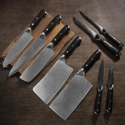 China Stocked Drop Shipping Home G10 Rivet Handle Kitchen Meat Cutter Damascus Kitchen Knife Set for sale