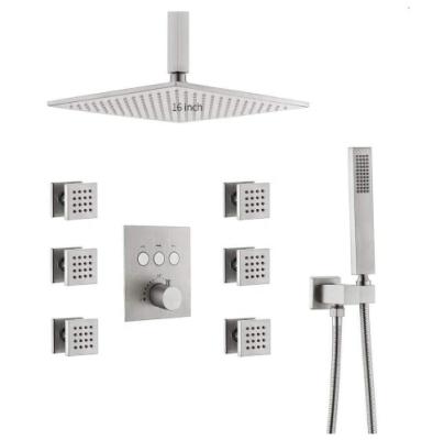 China Sliding Barless Brushed Notched 16 Inch Shower System With 6 Piece Body Jets for sale