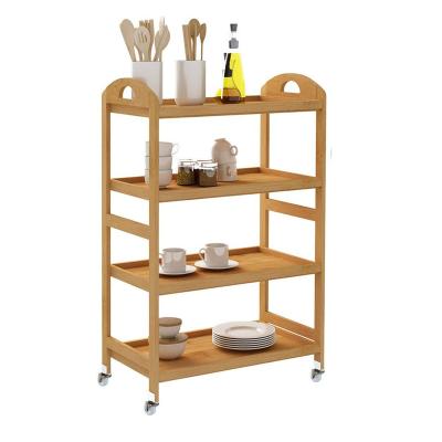 China Sustainable Bamboo Kitchen Storage Cart 4 Tiers Kitchen Serving Shelf With Wheels for sale