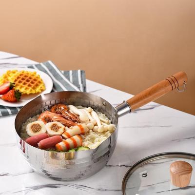 China Stocked Stainless Steel Snow Sauce Pan Mutil-Function Household Cookware With Wooden Handle for sale