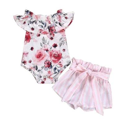 China Washable Newborn Baby Clothes Set Floral One Piece Pink Striped Baby Romper Shorts 6 Months Baby Clothes for sale