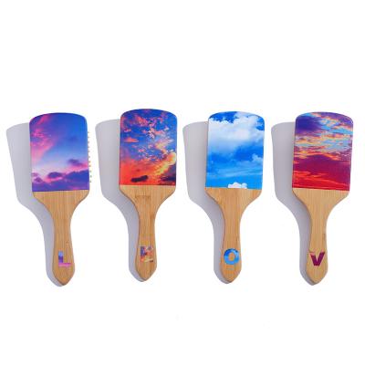 China Cute Eco-friendly Hair Brush Custom Printed LOVE Bamboo Nondisposable Pattern Logo Paddle Hairbrush Nylon Bristle Long Handle Hair Brush for sale