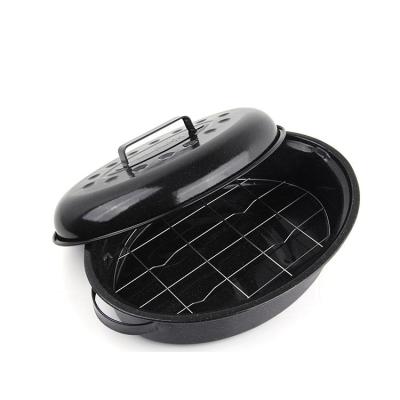 China Sustainable BBQ Outdoor Cookware Black Oval Enamel Roasting Pan With Rack Korean FOR GRILLING cooking for sale