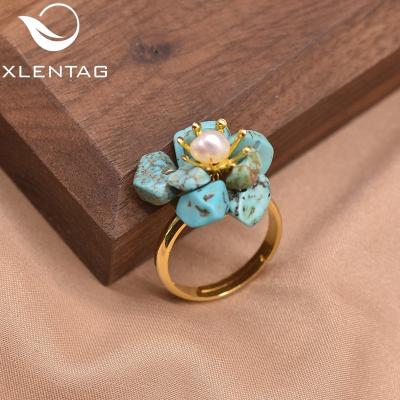 China Vintage Pearl Turquoise Flower Shape Natural Freshwater Ring For Women Fashion Korean Custom Custom 925 Sterling Silver Handmade Fine Jewelry for sale