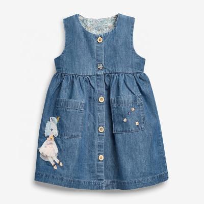 China 2022 Summer Cotton Lovely Denim Skirt Cartoon Pattern Baby Blue Sleeveless Dress Breathable Girls Dresses for sale