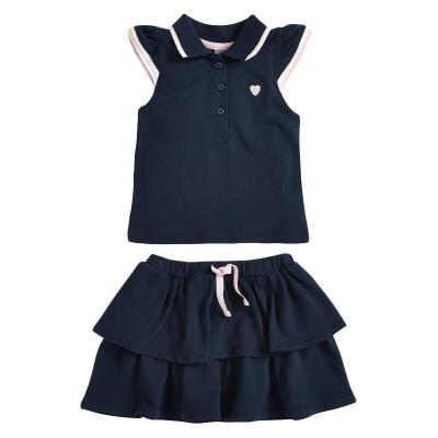 China Cotton 100% 2022 Summer Beautiful Cotton Girls Suit Navy Color Pure Collar Lapel Sleeve Girls Short 100% Clothing Set for sale