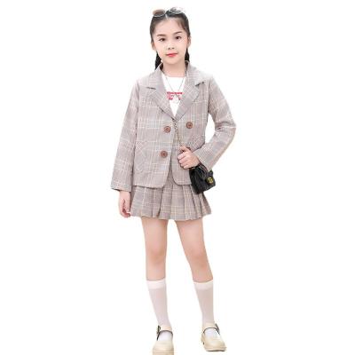 China Spandex/polyester 2022 autumn and winter new school wind girls set small plaid suit and short skirt set girls uniform sets for sale