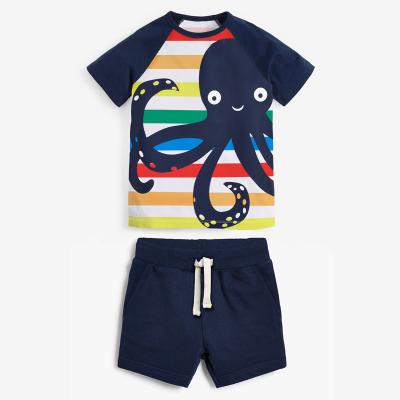 China Cotton 100% 2022 Summer New Style Cotton Boys Suit Cartoon Round Collar Pattern Boys 100% Short Sleeve Clothing Set for sale