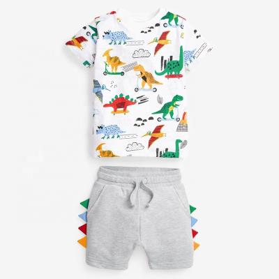 China Cotton 100% 2022 New Summer Style 100% Cotton Dinosaurs Pattern Round Collar Short Sleeve Boys Clothing Set for sale