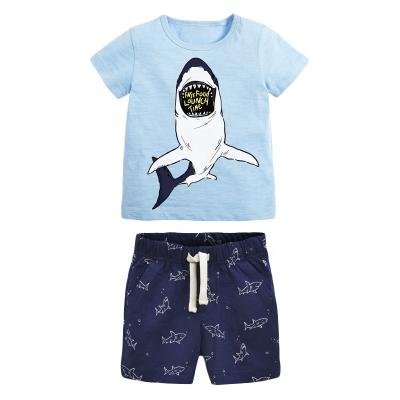 China Cotton 100% 100% Short Sleeve 2022 Summer Cotton Boys Costume Cartoon Shark Pattern Round Collar Boys Clothing Set for sale