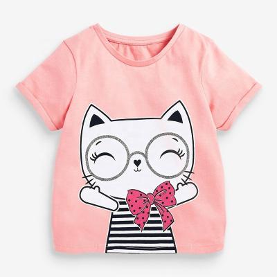 China 2022 Summer New Style Cotton Breathable Pink Pattern Cartoon Collar Girls 100% Round T-shirt for sale