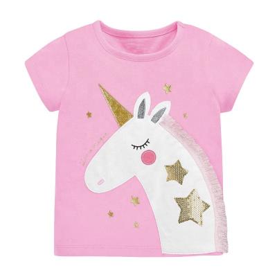 China 2022 Summer 100% Cotton Pink Color Animal Round Collar Cute Breathable Pattern Girls Short Sleeve T-shirt for sale