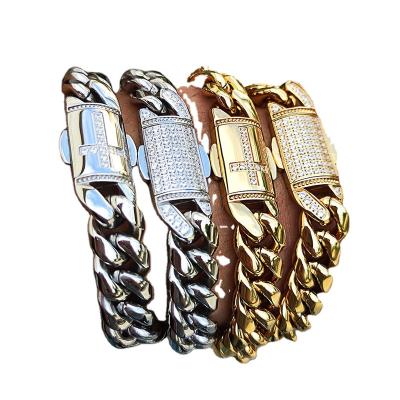 China Hiphop Hip Hop Stainless Steel Chain Men Bracelets 18k Gold Plated Miami Chain Stainless Steel For Men's Zircon Diamond Bracelet for sale