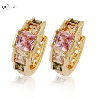 China Qetesh Viable Exquisite Colorful Zircon Round Earring Jewelry Women Gold Plated Diamond Hoop Earrings for sale