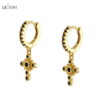 China Viable Qetesh Copper Hoop Earrings With Zircon Cross Gold Plated Geometric Earrings Cross Drop Earrings for sale