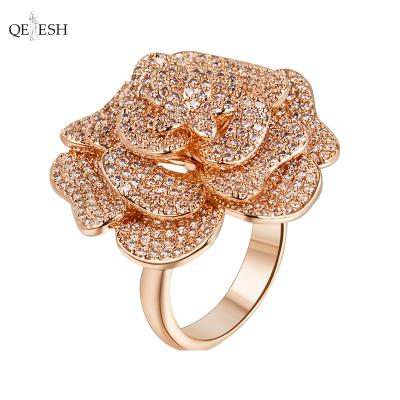 China Viable Qetesh Flower Full of Diamonds Index Finger Rose Gold Decorative Alloy Ring Jewelry Woman Flower Rings for sale