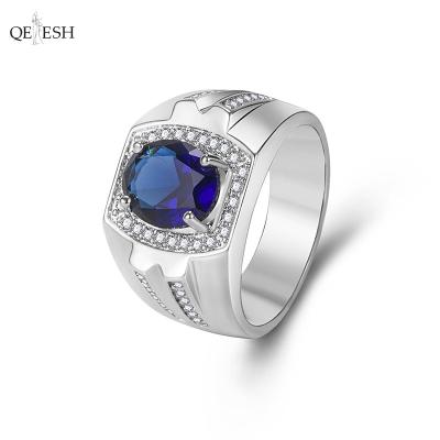 China Qetesh Viable Crystal Ring Diamond Zircon Aquamarine Fashion Ring Blue Wedding Fashion Zircon Rings For Men for sale