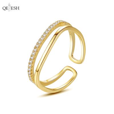 China Qetesh 925 Small Double-Layer Square Ring Female Fashion Personality Open Ring With 14k Silver Gold Plated Jewelry for sale