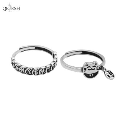 China Qetesh Ring Personalized Retro Lucky Cat Ring S925 Silver Coin Adjustable Cute Seal Ring Custom Viable for sale