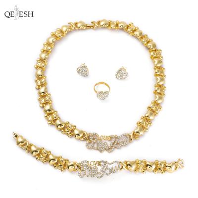 China Viable High Quality Heart Qetesh High End Gold Plated Jewelry Set Middle East Bride Necklace Ring Earring Bracelet Four Piece Set for sale