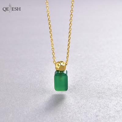 China Qetesh Sustainable Luxury Natural Green Nostalgic Green Agate 925 Gold Silver Necklace Display Pendant Necklace for sale