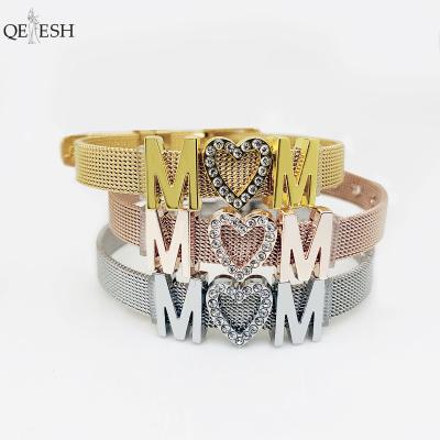 China Qetesh Viable Hot Sale Women Watch Band Stainless Steel Mesh Bracelet Diy Letter Mom Mother's Day Gift Band for sale