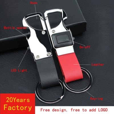 China Multifunctional keyrings from //. LED light and bottle opener metal leather key chain. Chinese factory supply custom LOGO for sale