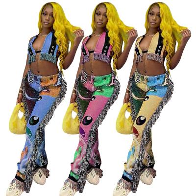 China Women 2022 New Arrival Fashion QUICK DRY Printing Sleeveless Tank Tops And High Waist Pants With Tassel Fringe Two Piece Set For Women for sale