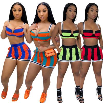 China 2022 Summer QUICK DRY New Arrivals Fashion Striped Halter Shorts Women Two Piece Workout Clothes Active Bra Sports Wear Two Piece Set Set for sale