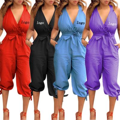 China 2022 Summer New Arrivals Summer Anti-Wrinkle Fashion Halter One Piece Wholesale V-neck Sleeveless Casual Jumpsuits Overalls for sale