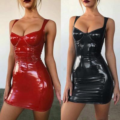 China Women Anti-Static Sexy Sling Sleeveless PU Leather Mini Club Dress 5 color for sale