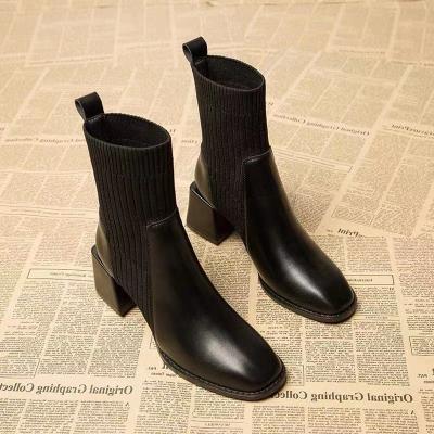 China New Arrival Anti-skid Winter Cylinder Medium Ankle Pointed Toe Ladies Socks Metal Crude High Heels Booties For Women Formal Leather Shoes for sale