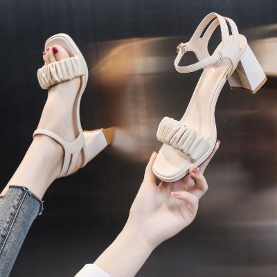 China Fashion trend color wholesale soft leather block toe one word belt open sandals for women summer all-match middle chunky heel part for sale