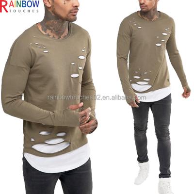 China Factory Wholesale White Anti-pilling Custom Mens Distressed Double Layers T Shirts for sale