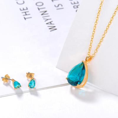 China Romantic Blue CZ Tear Drop Drop Filigree Fashion Zircon Necklace Earrings 18K Gold Plating Jewelry Set for sale