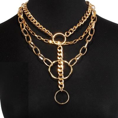 China Unique Punk Multilayer Necklace Chunky Gold Plated Chain Big Circle Shaped Pendant Necklace for sale