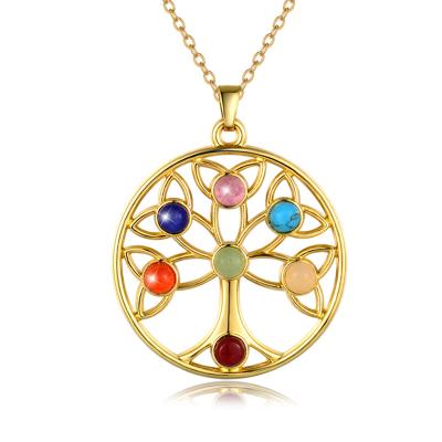 China FASHIONABLE High Grade Natural Agate Rainbow Chakra Faux Stone Shape Shining Gold Tree Charm Pendant for sale