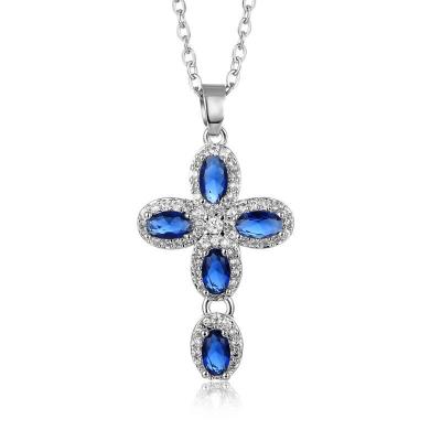 China Pear Shape Ocean Blue Color Crystal Heart Cross Pendant Silver Tone Plating Necklace Set For Religious Women for sale