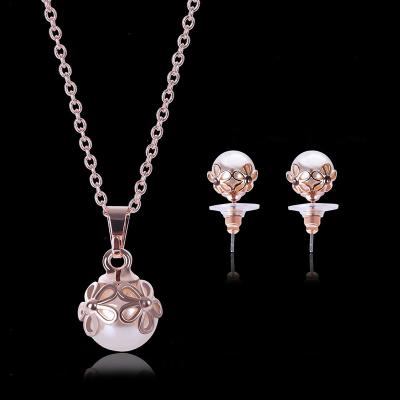 China New Trendy Fashion Gold Plating Faux Pearl Flower Dubai Necklace Earrings Jewelry Set For Gift Women for sale