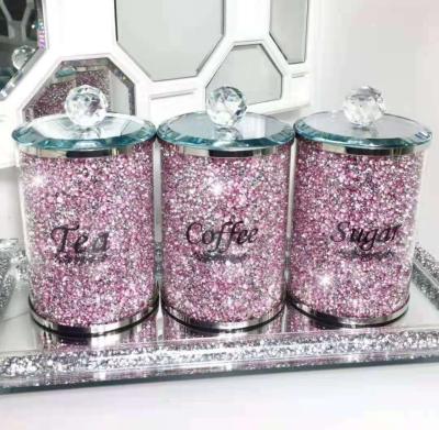 China Viable Wholesale Customize Storage Jar Tea Coffee Sugar Crushed Diamond Kitchen Canisters With Glass Top for sale