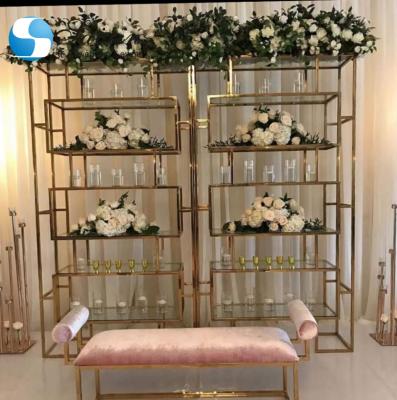 China Wedding Event Decoration Wedding Furniture Gold Stainless Steel Wine Shelf Rack Design High Quality Wedding Backdrops for sale