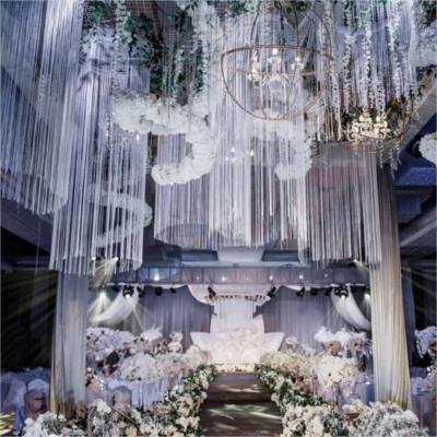 China ZT-517 wholesale beige polyester/metal string curtain ceiling drapes polyester curtains drapes wedding decoration for sale