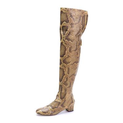 China Thermal Classic Low Heel Ladies Long Boots Snake Print Leather Boots Thigh High Boots for sale