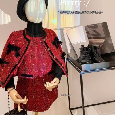 China Cute Vintage Kids Girls Design Spring Autumn Casual Bow Skirt Tweed Two Piece Set Mini Dress for sale