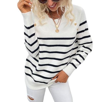 China Color Breathable Playsuit Stripe Fashion Warm Casual Loose Oversized Knit Long Sleeve Round Neck Cotton Ladies Pullover Sweater for sale