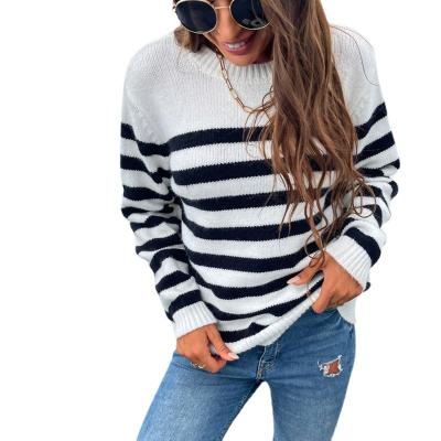 China Europe and America New Fashion Breathable Casual Loose Stripes Turtle Neck Stripped Knitted Women Long Sleeve Sweater for sale