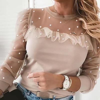 China 2021 Breathable Fashion Spring Tee Lace Patchwork Dot Long Sleeve Elegant Ladies Sexy Shirt Tops Woman's Fashion T-shirt for sale