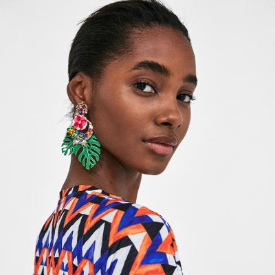 China TRENDY Women Enamel Leaf Earring Vintage Flowers Big Statement Earrings Accessories Dangle Earrings for sale