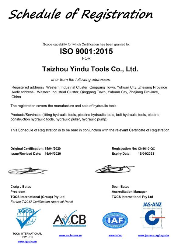 ISO9001 - Taizhou Yindu Tools Co., Ltd.